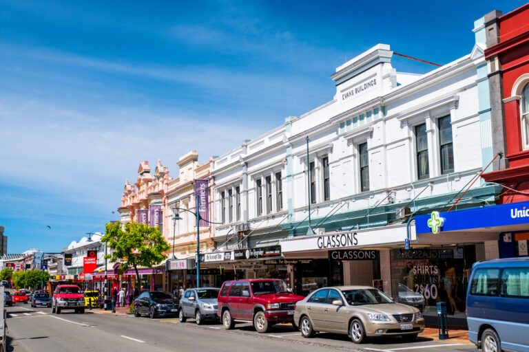 2018 Nov 2nd, New Zealand, Timaru, View of the town building and people in the morning.